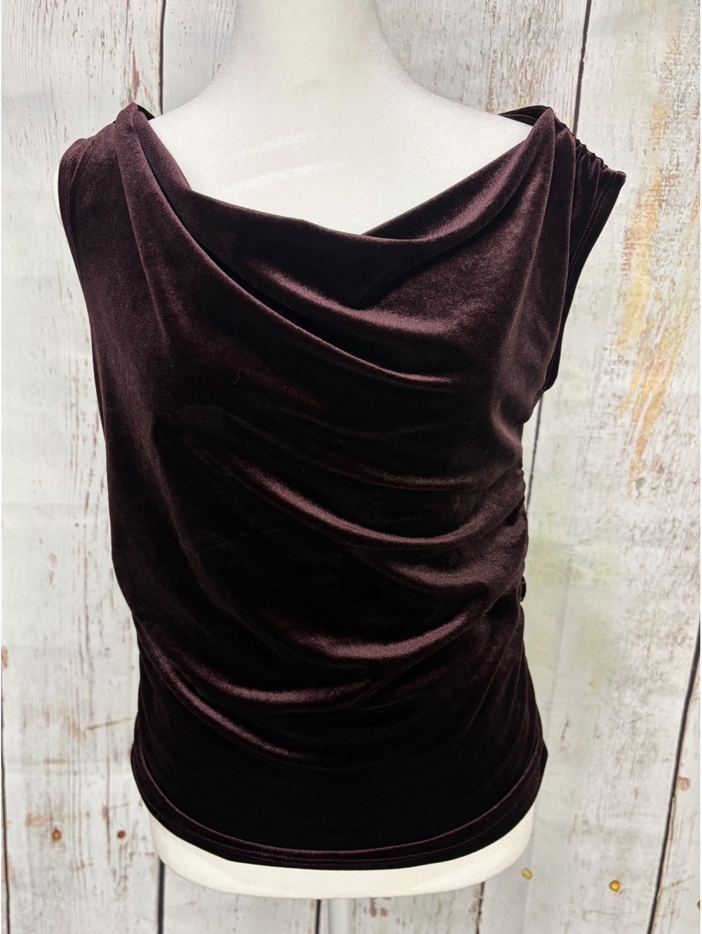 Old Navy Women’s Velvet Ruched Side Asymmetrical Drape Neck Top Deep Plum Size M
